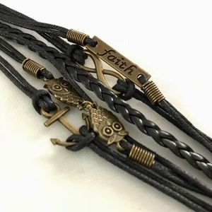 Anchor, owl, faith blue leather bracelet